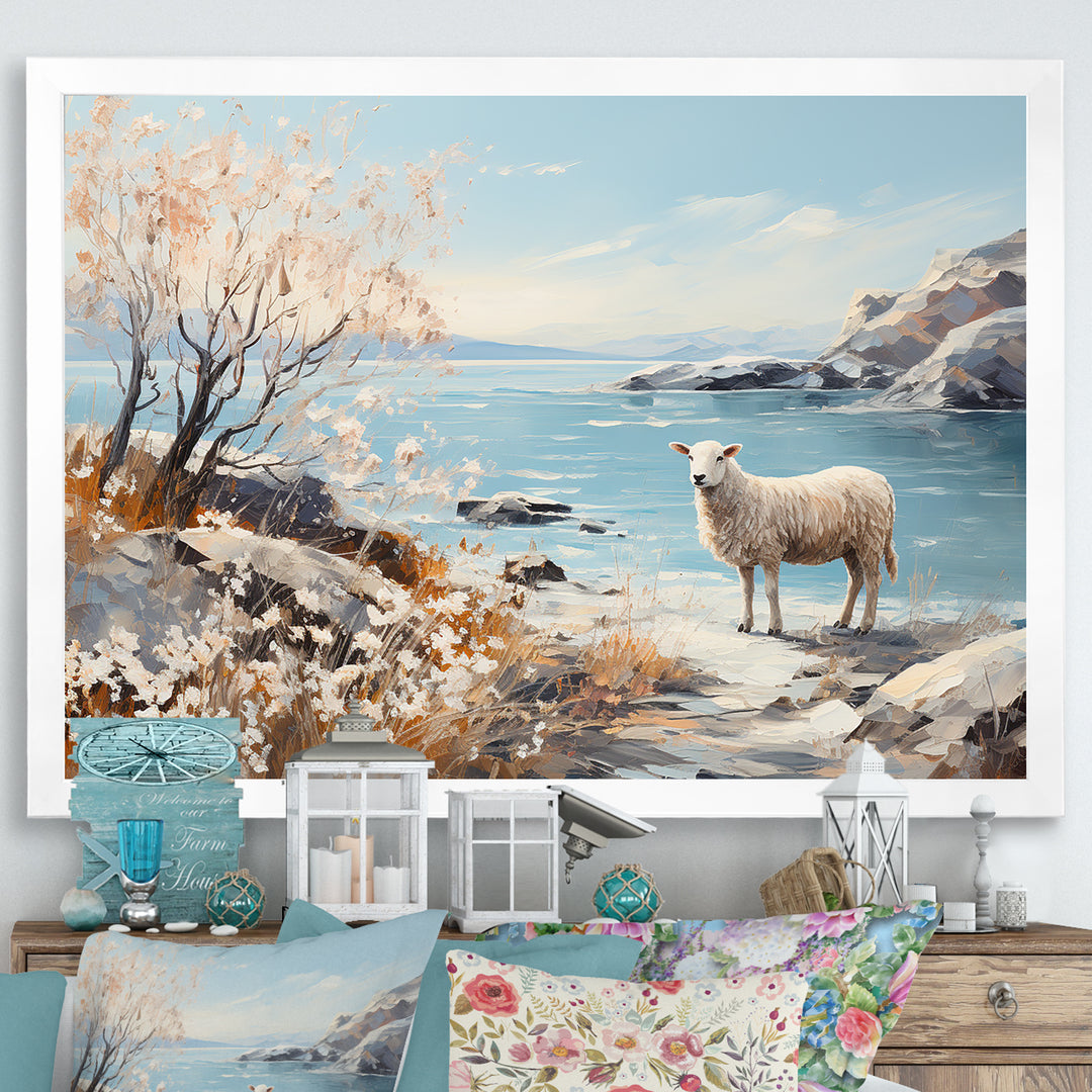 Minimalism Sheep On The Beach - Sheep Framed Canvas Art