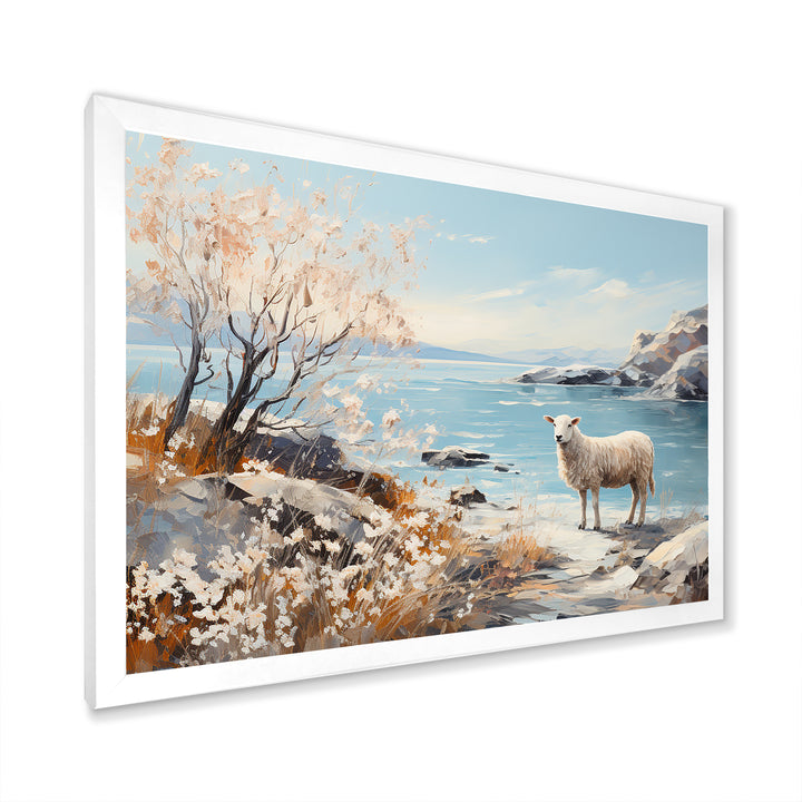 Minimalism Sheep On The Beach - Sheep Framed Canvas Art
