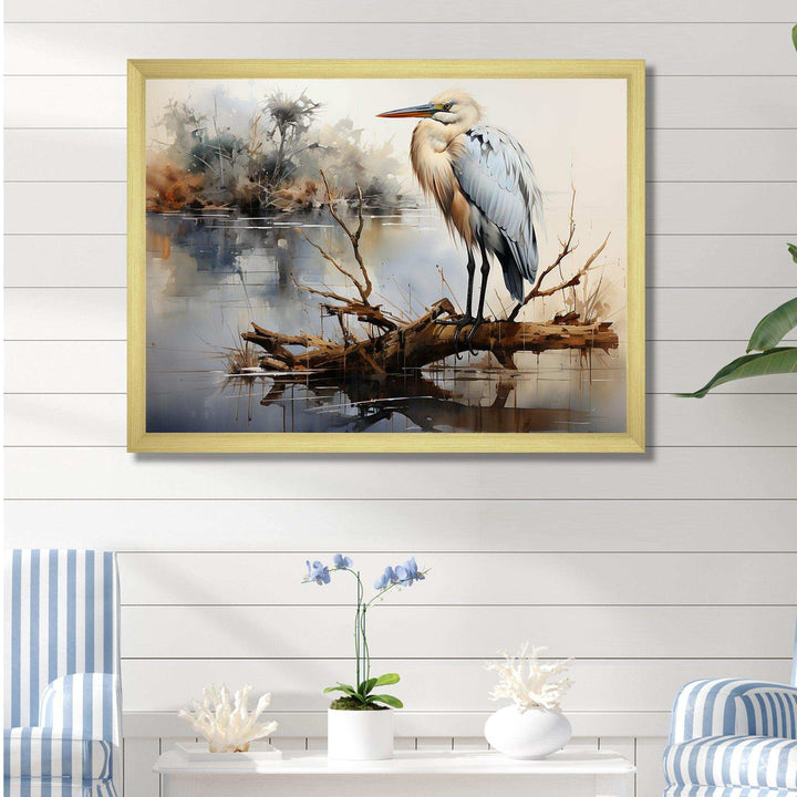 Heron At The Lake Horizon - Animals Canvas Wall Art