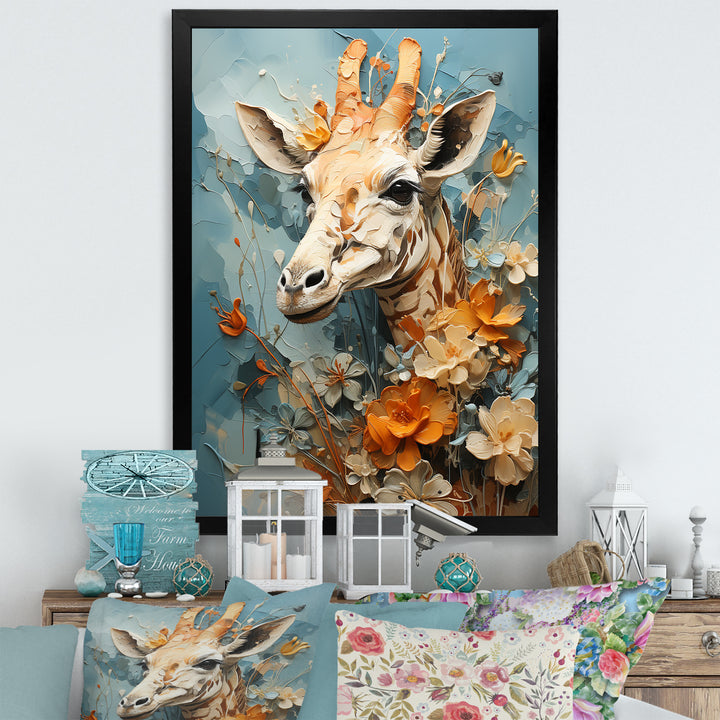 Blue And Beige Giraffe Portrait - Giraffe Canvas Wall Art