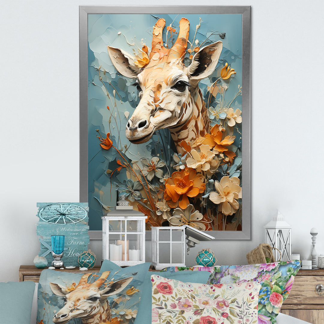 Blue And Beige Giraffe Portrait - Giraffe Canvas Wall Art