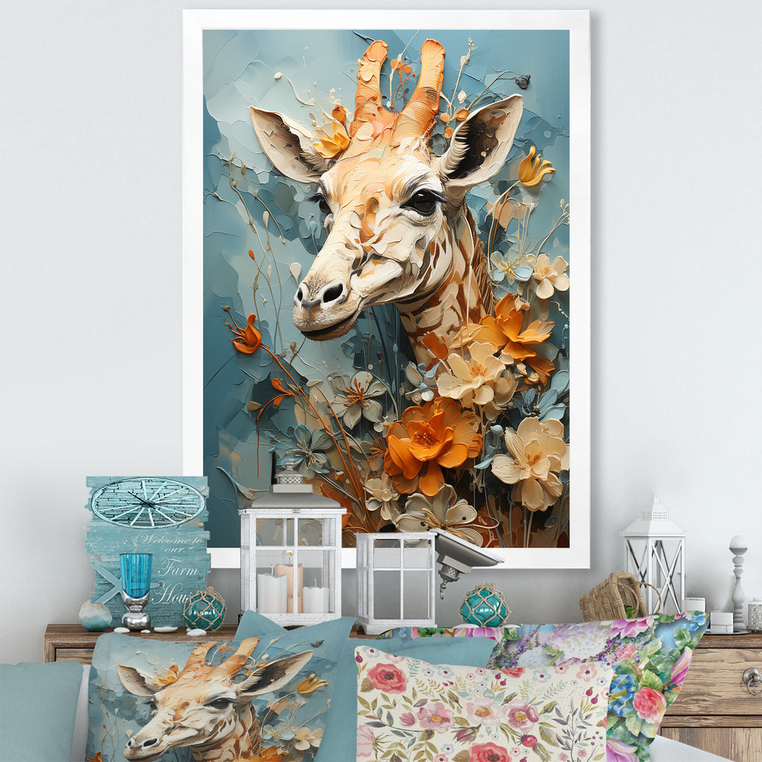 Blue And Beige Giraffe Portrait - Giraffe Canvas Wall Art