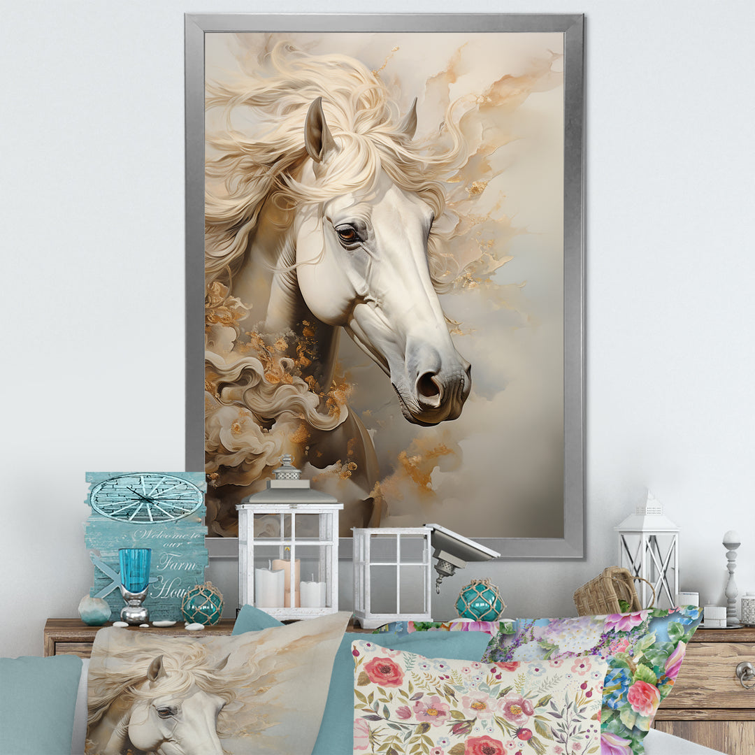 Minimal Beige And White Horse Portrait - Horse Wall Decor