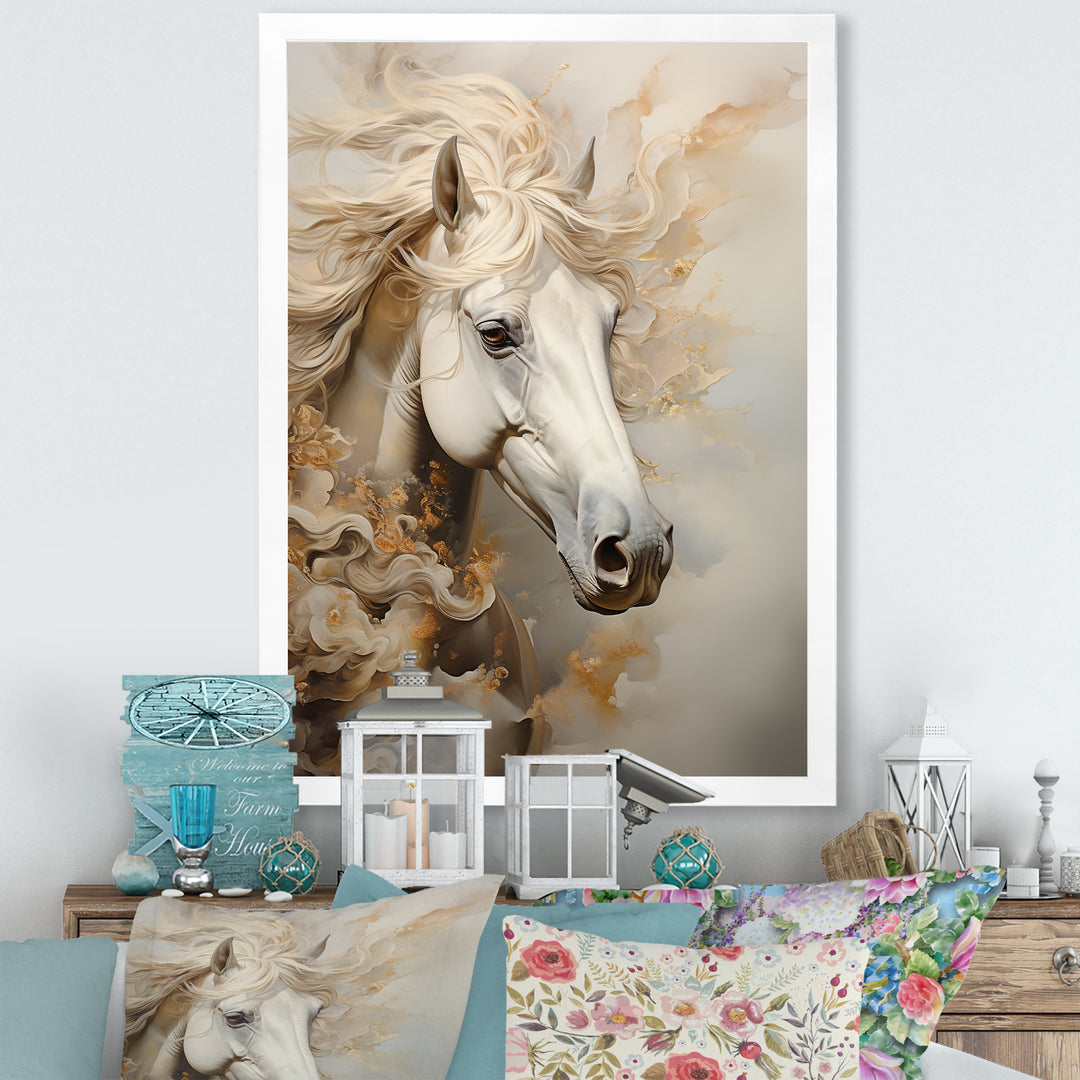 Minimal Beige And White Horse Portrait - Horse Wall Decor