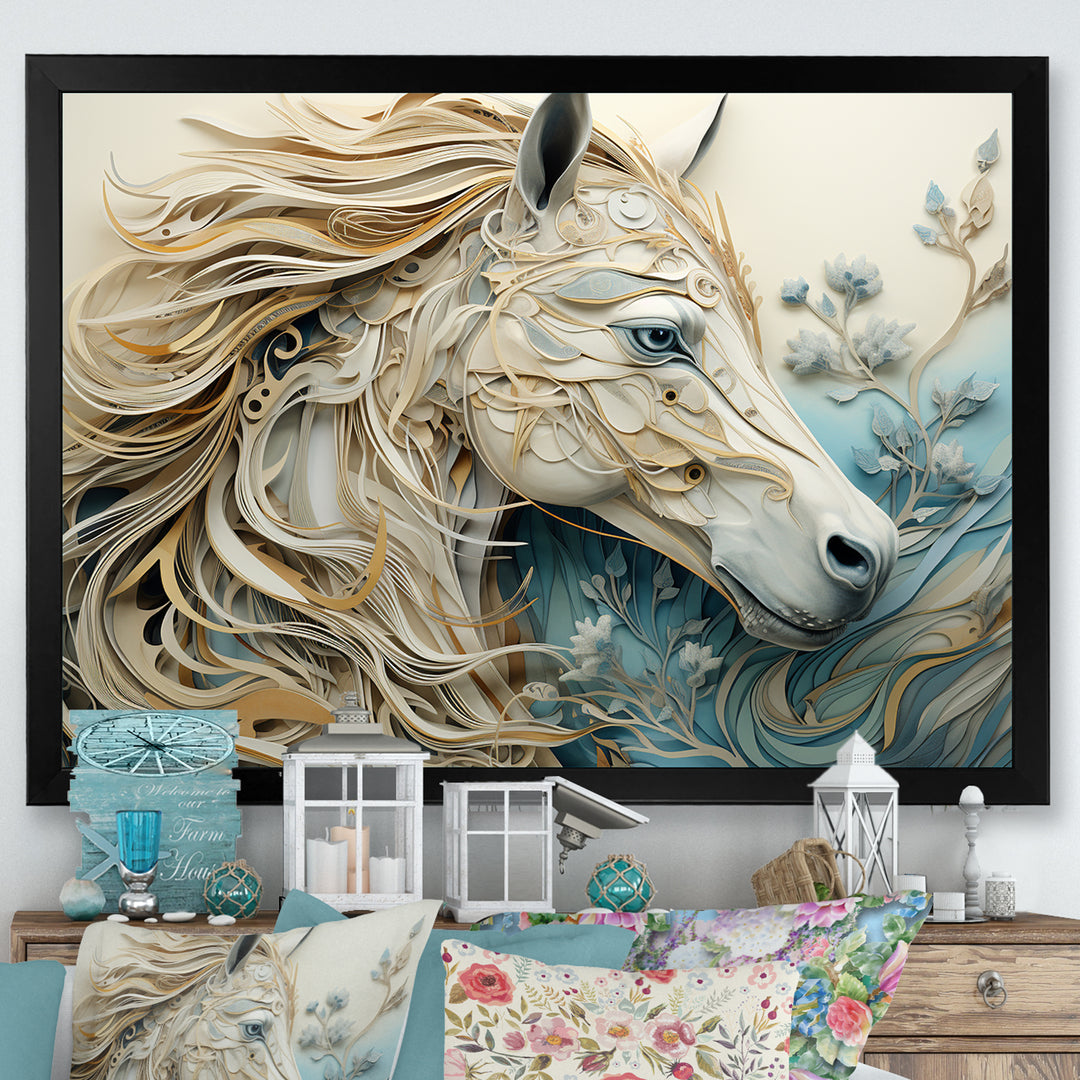 Minimal Blue And White Horse Portrait - Horse Wall Art Prints