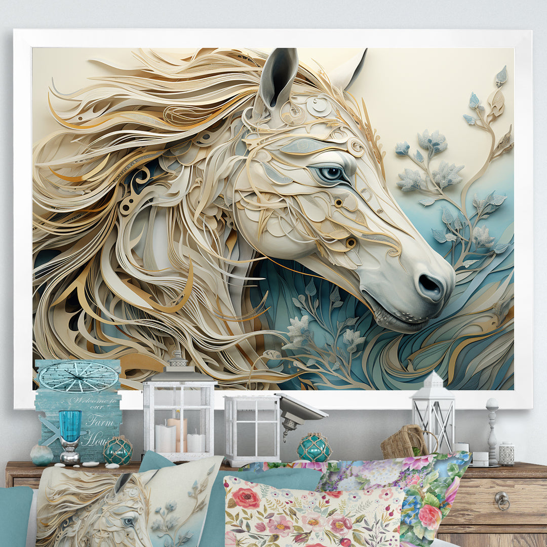 Minimal Blue And White Horse Portrait - Horse Wall Art Prints