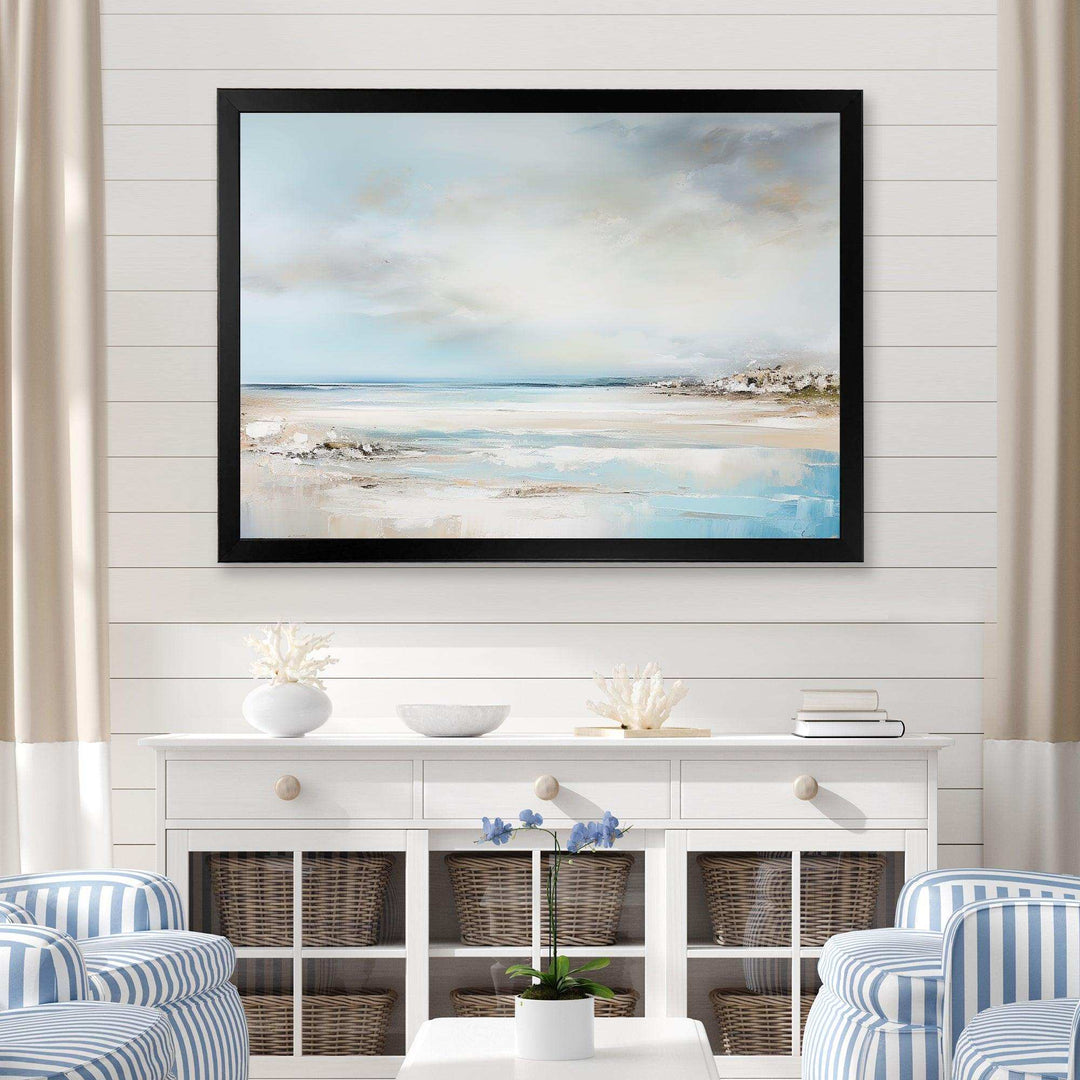 Beige And Blue Beach Minimal Horizon I - Coastal Canvas Wall Art