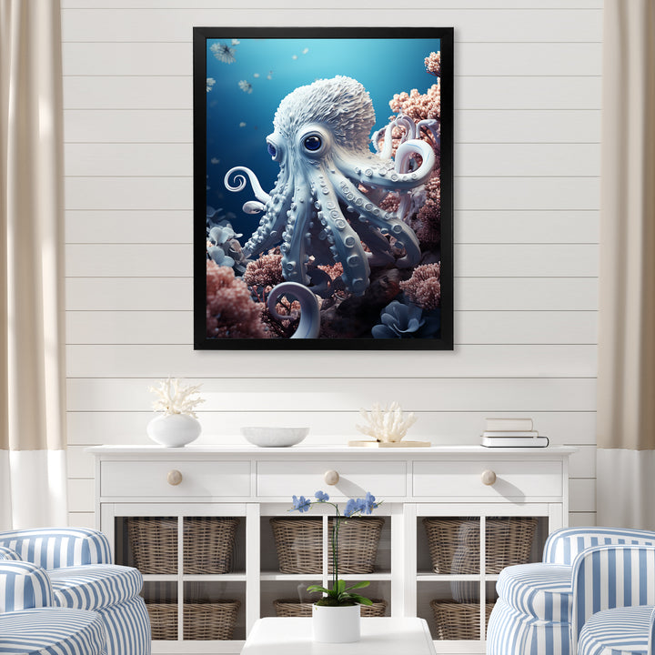Monochrome Blue And White Octopus Crowl - Octopus Living Room Wall Art