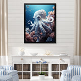 Monochrome Blue And White Octopus Crowl - Octopus Living Room Wall Art