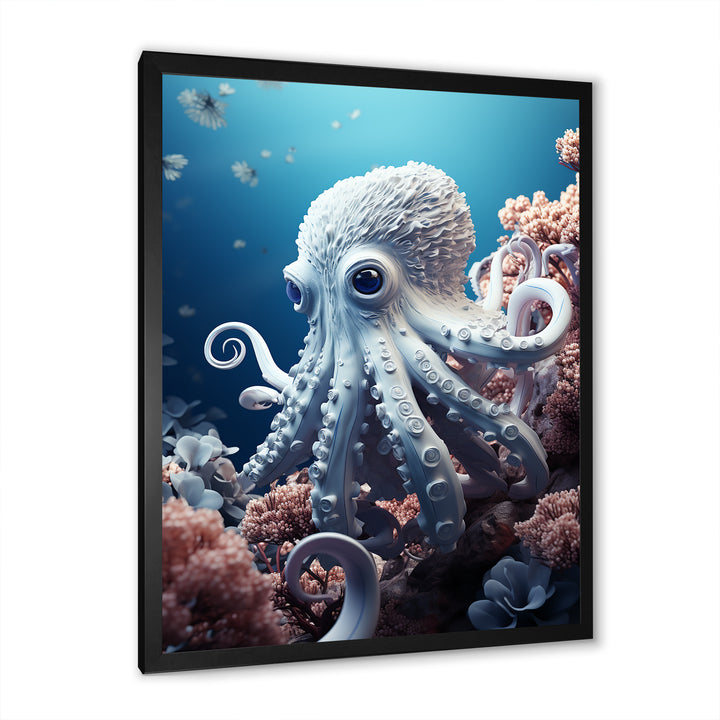 Monochrome Blue And White Octopus Crowl - Octopus Living Room Wall Art