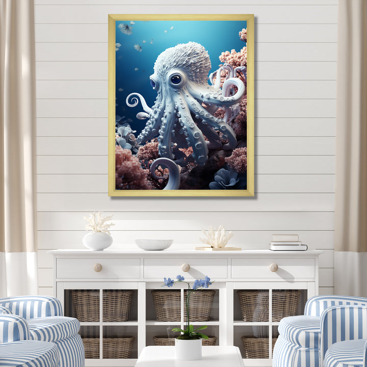 Monochrome Blue And White Octopus Crowl - Octopus Living Room Wall Art