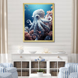 Monochrome Blue And White Octopus Crowl - Octopus Living Room Wall Art