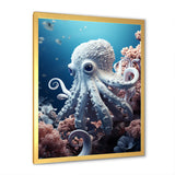 Monochrome Blue And White Octopus Crowl - Octopus Living Room Wall Art