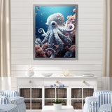 Monochrome Blue And White Octopus Crowl - Octopus Living Room Wall Art