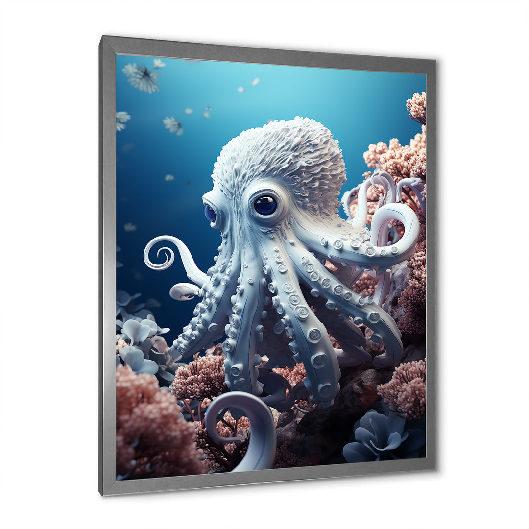 Monochrome Blue And White Octopus Crowl - Octopus Living Room Wall Art