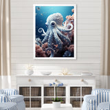 Monochrome Blue And White Octopus Crowl - Octopus Living Room Wall Art
