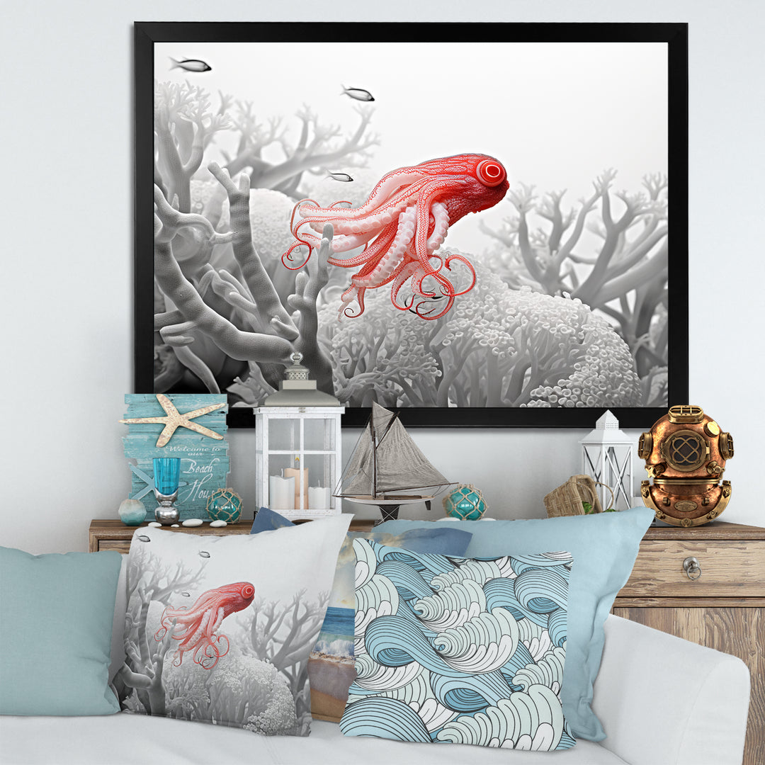 Monochrome Coral And Grey Octopus Paddle - Octopus Bedroom Wall Art
