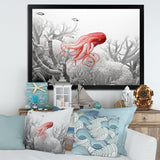 Monochrome Coral And Grey Octopus Paddle - Octopus Bedroom Wall Art
