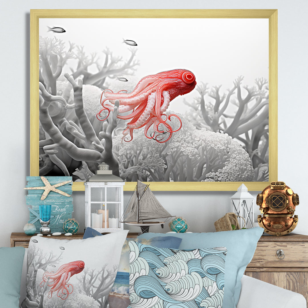 Monochrome Coral And Grey Octopus Paddle - Octopus Bedroom Wall Art
