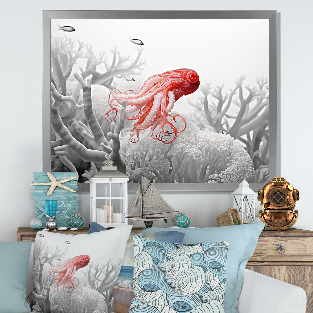 Monochrome Coral And Grey Octopus Paddle - Octopus Bedroom Wall Art