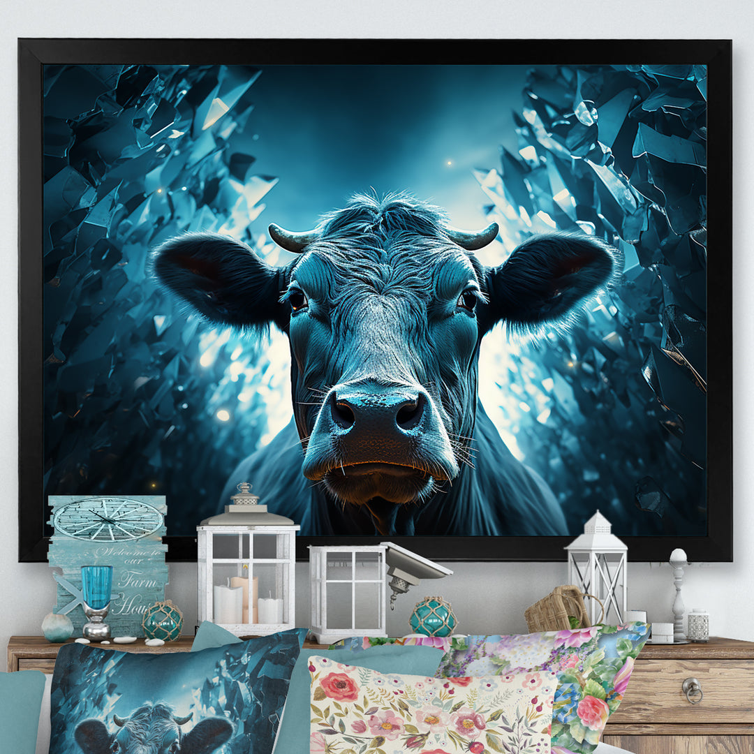 Blue Cow Flow Portrait - Cow Framed Canvas Art