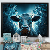 Blue Cow Flow Portrait - Cow Framed Canvas Art