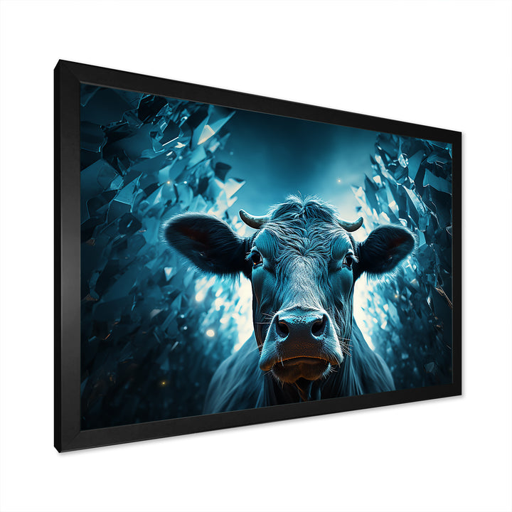 Blue Cow Flow Portrait - Cow Framed Canvas Art