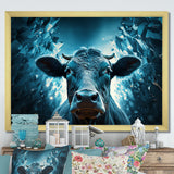 Blue Cow Flow Portrait - Cow Framed Canvas Art