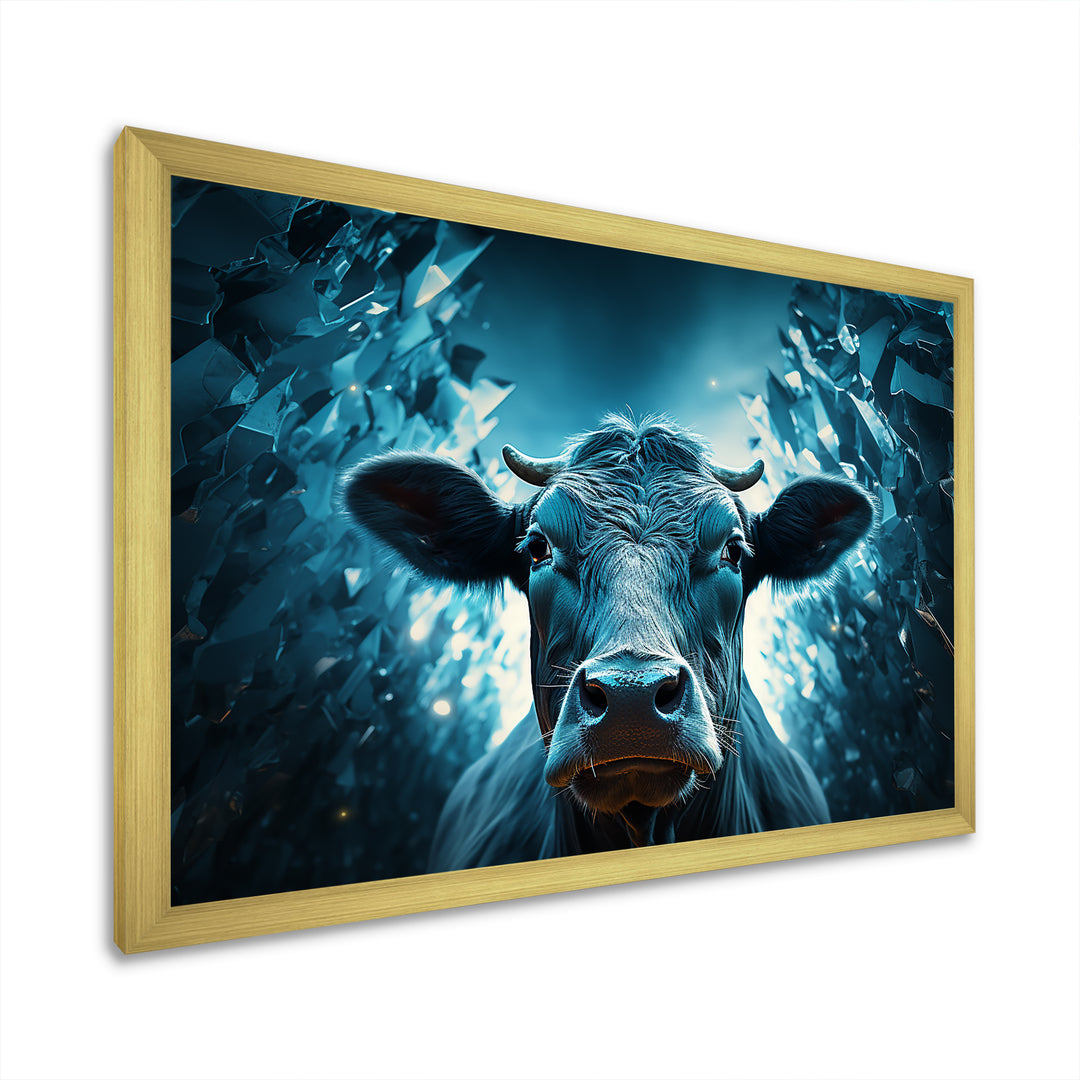 Blue Cow Flow Portrait - Cow Framed Canvas Art