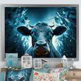 Blue Cow Flow Portrait - Cow Framed Canvas Art