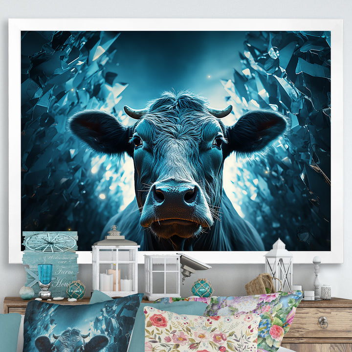 Blue Cow Flow Portrait - Cow Framed Canvas Art