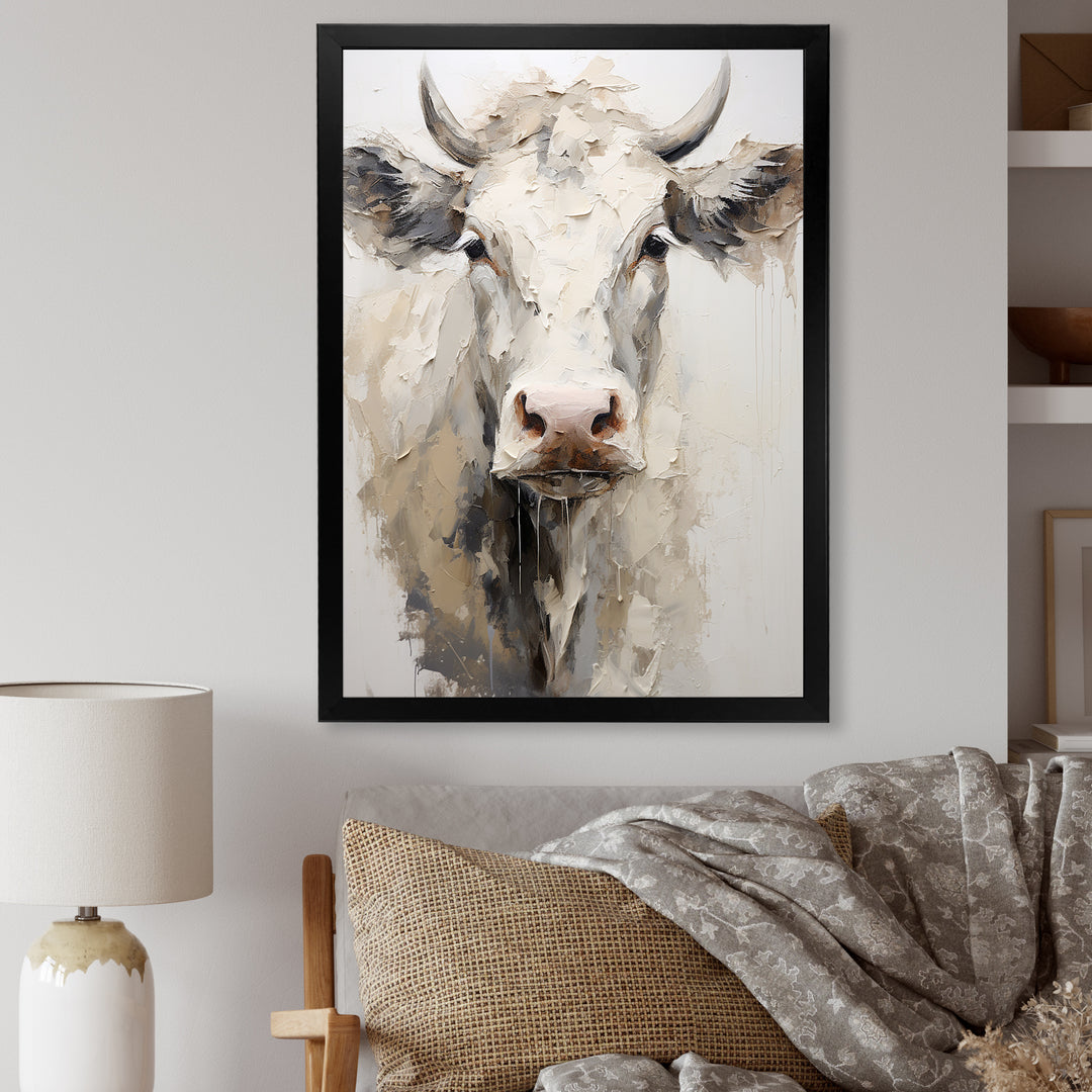 Minimalism Beige Cow Portrait - Cow Large Canvas Wall Art