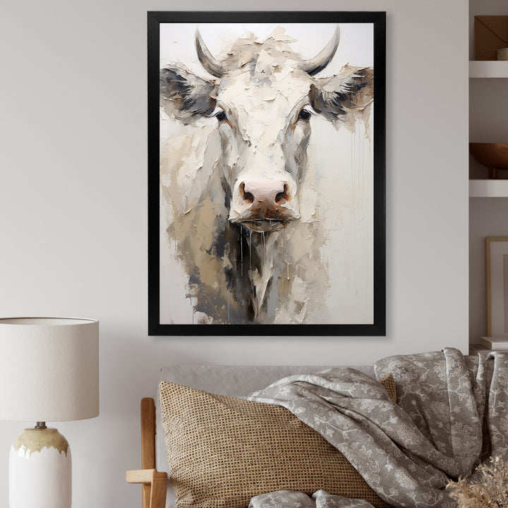 Minimalism Beige Cow Portrait - Cow Large Canvas Wall Art