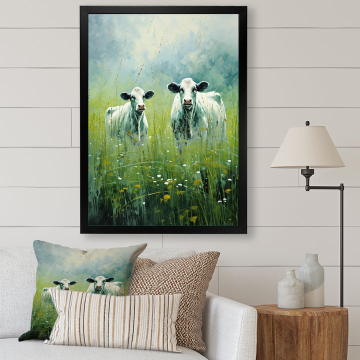 Cow In Verdant Pastures - Green Cow Wall Art