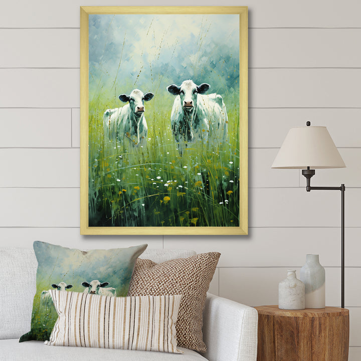Cow In Verdant Pastures - Green Cow Wall Art