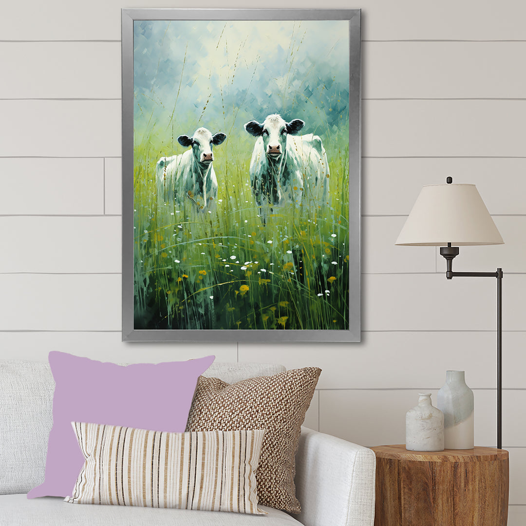 Cow In Verdant Pastures - Green Cow Wall Art