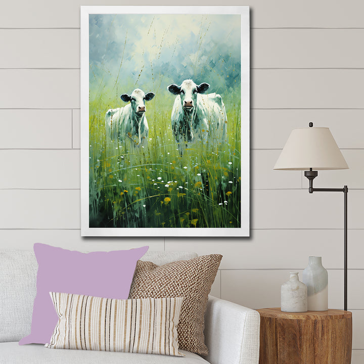 Cow In Verdant Pastures - Green Cow Wall Art