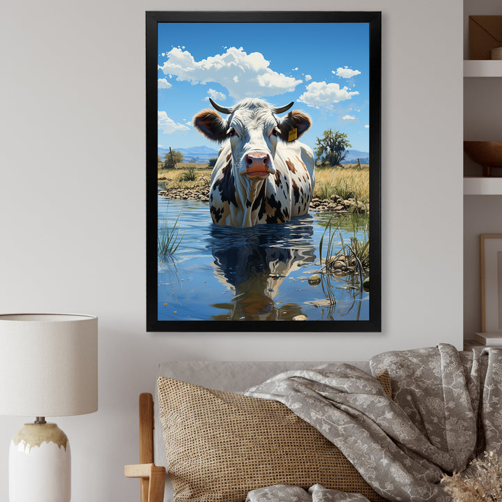 Cow In Tranquil Pasture - Cow Framed Canvas Art