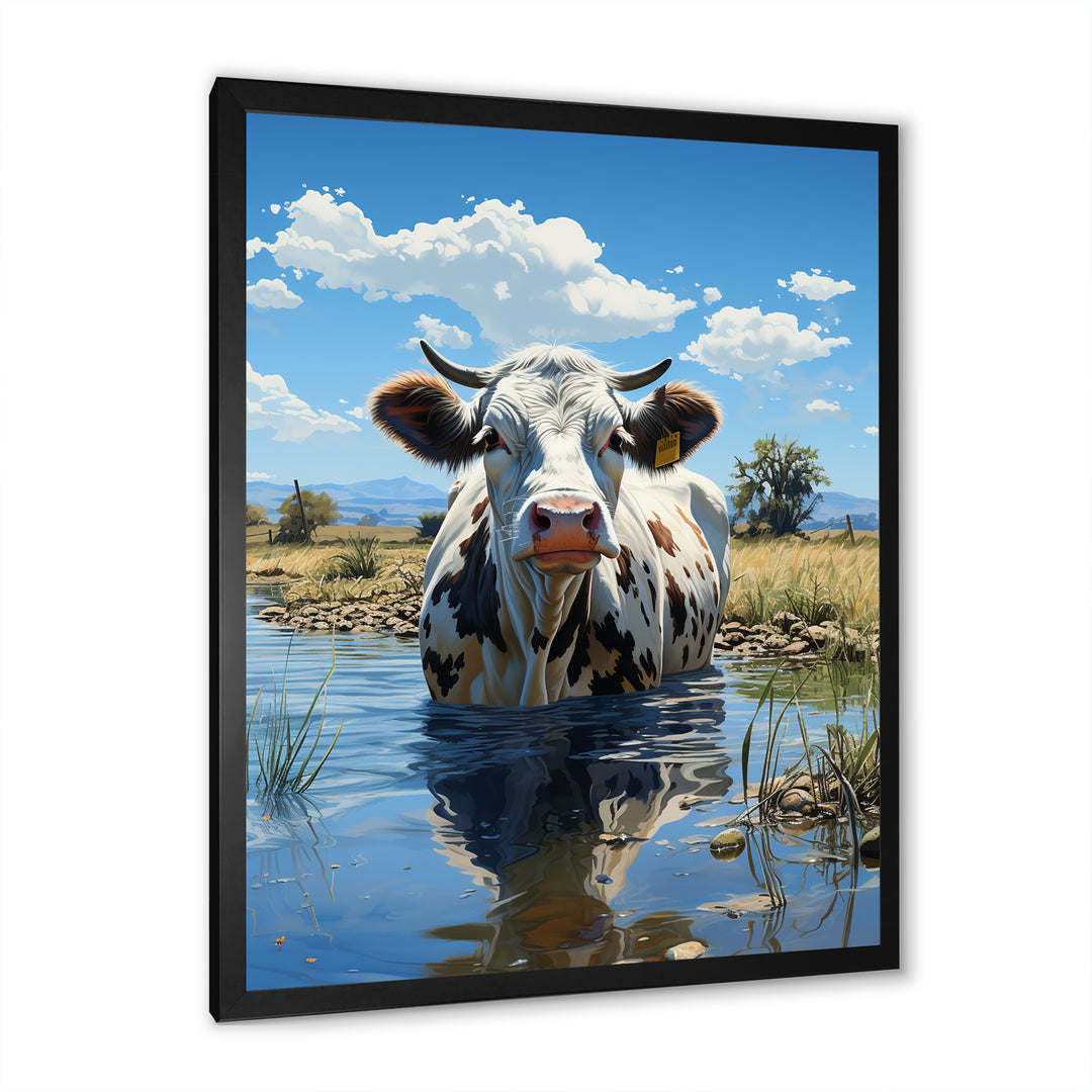 Cow In Tranquil Pasture - Cow Framed Canvas Art