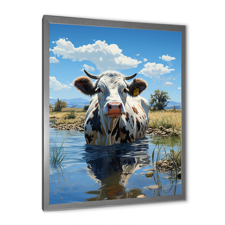 Cow In Tranquil Pasture - Cow Framed Canvas Art