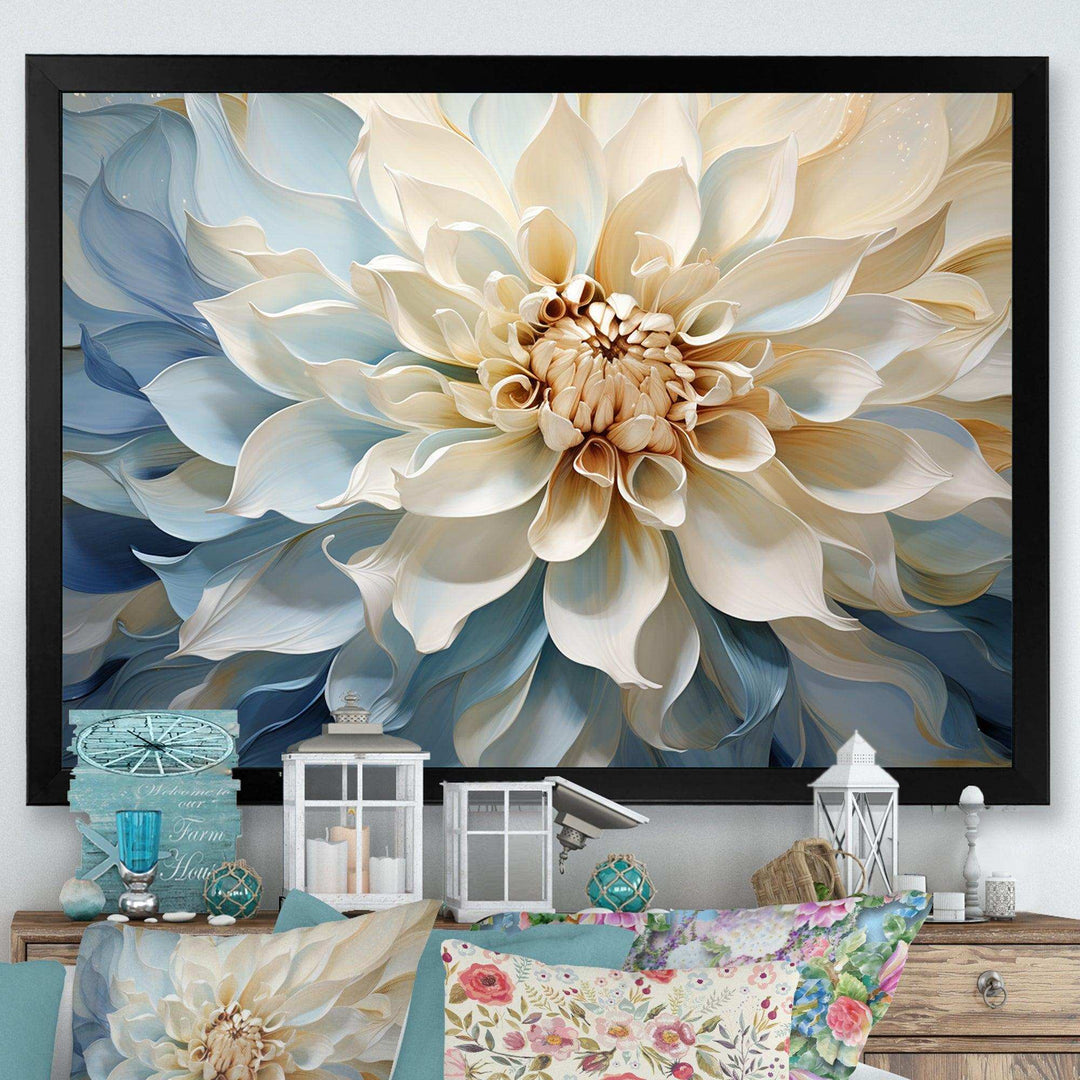 White And Blue Dahlia Flower Minimalism - Floral Canvas Wall Art