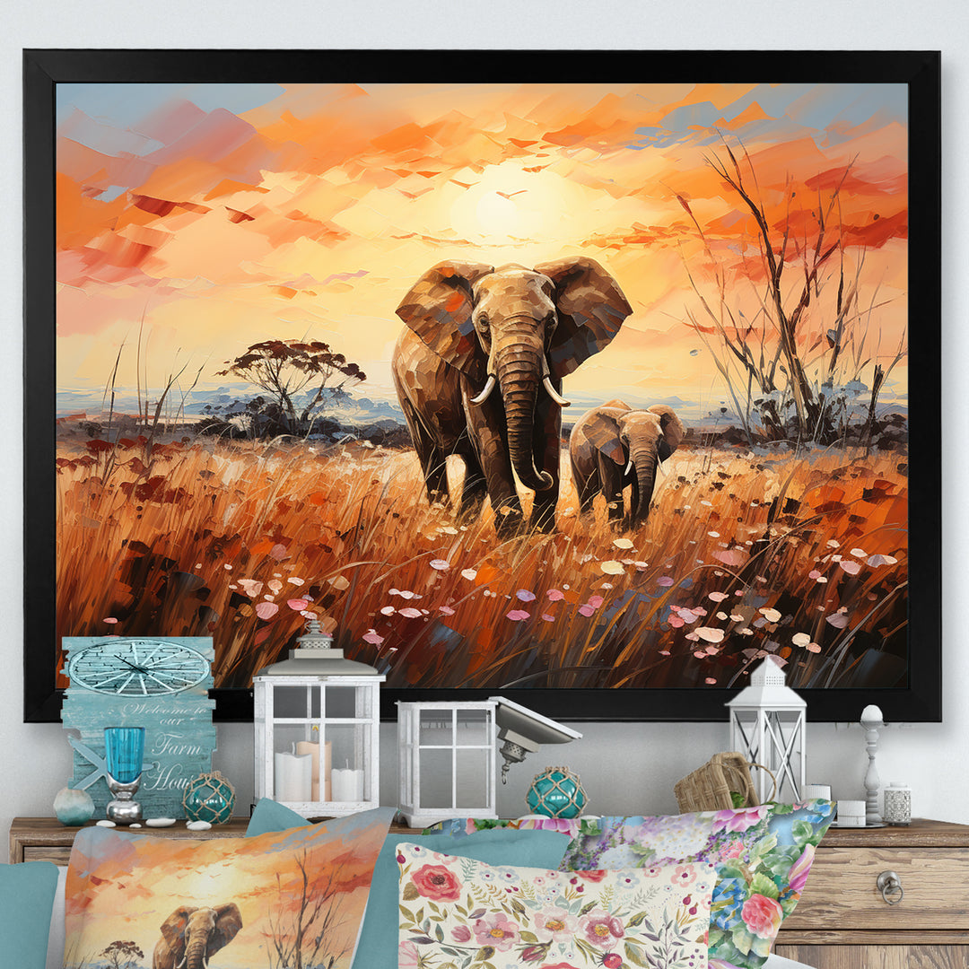 Graceful African Elephant With Calf In Motion - Elephant Wall Decor