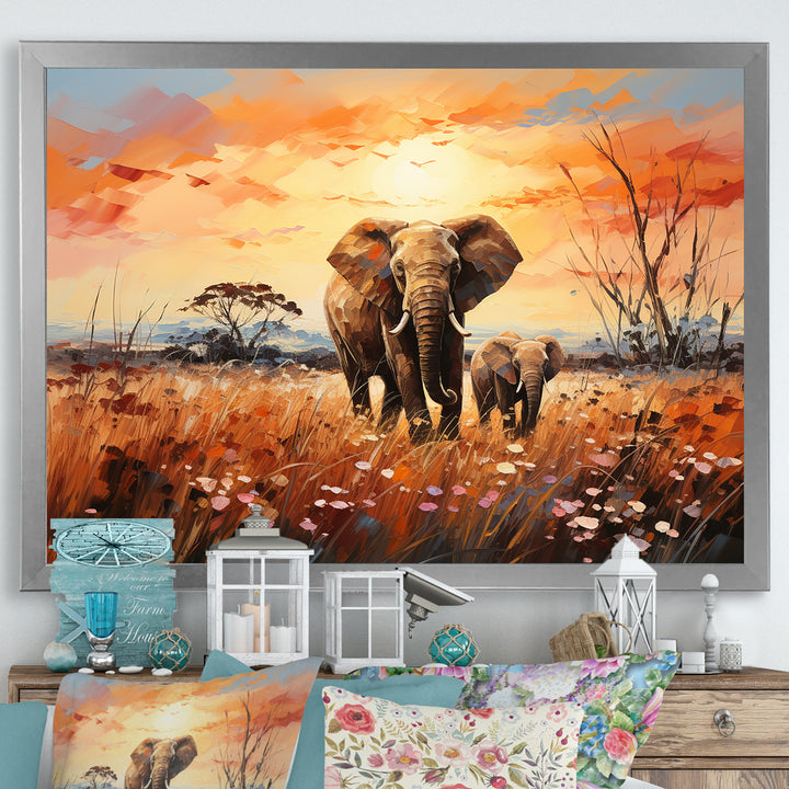 Graceful African Elephant With Calf In Motion - Elephant Wall Decor