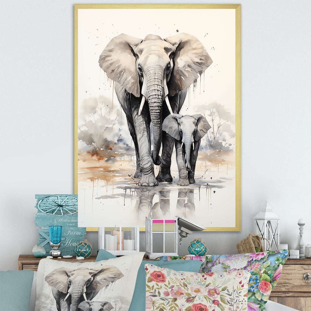 Elegant Elephant With Calf In Motion - Elephant Home Decor Art