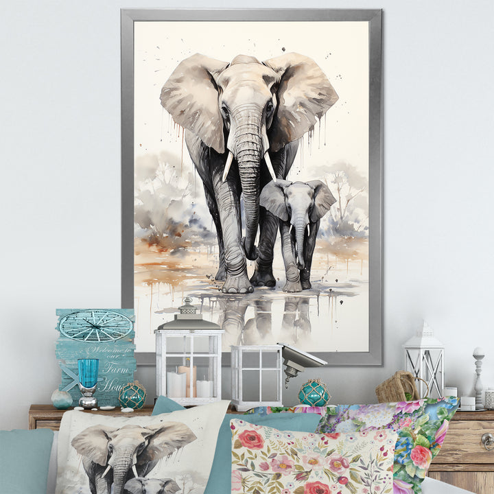 Elegant Elephant With Calf In Motion - Elephant Home Decor Art