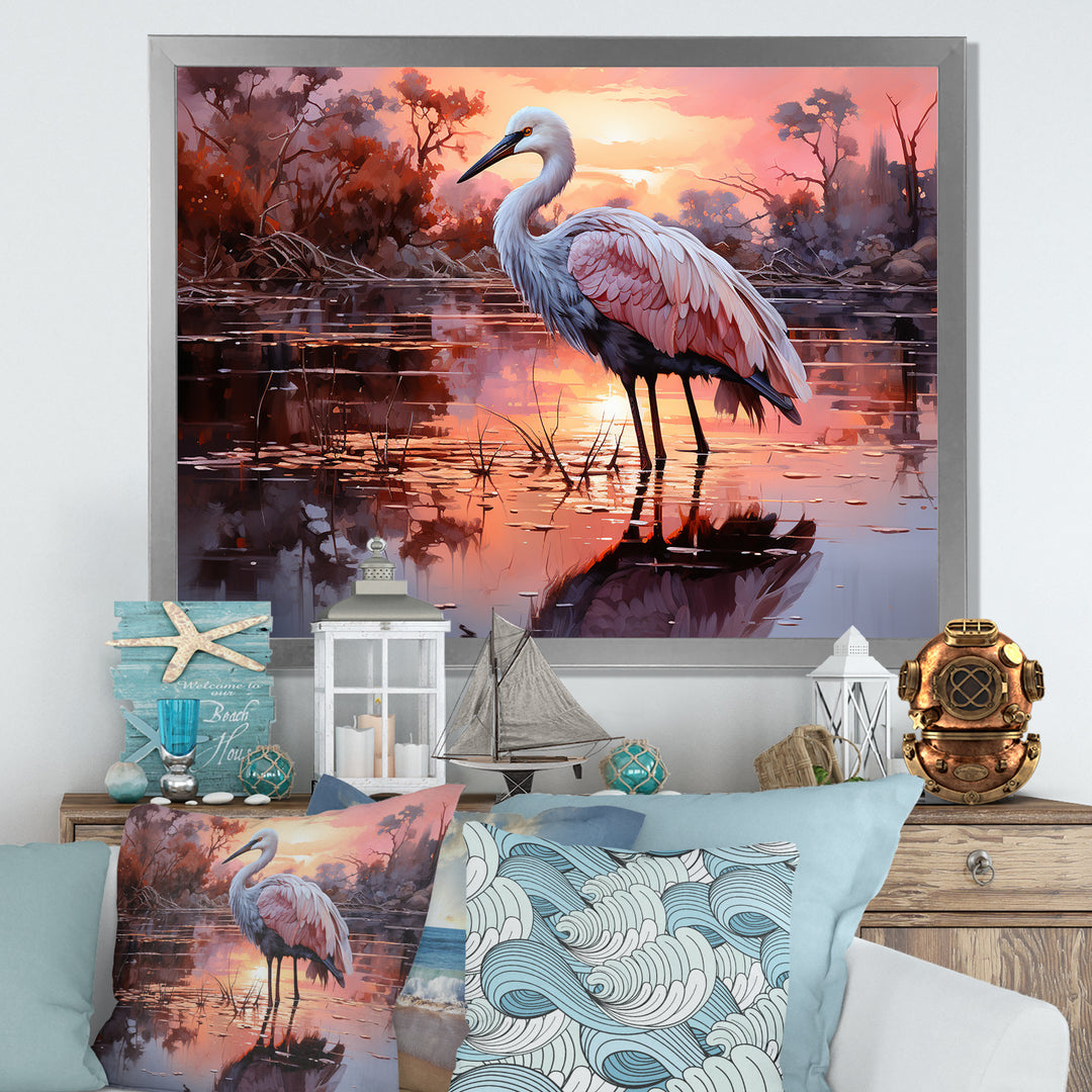 White Flamingo Lake Serenity - Flamingo Living Room Wall Art