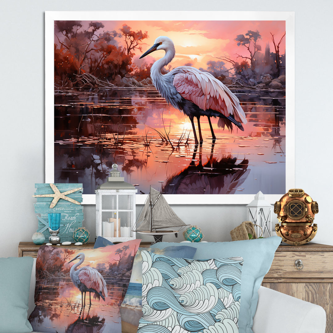 White Flamingo Lake Serenity - Flamingo Living Room Wall Art