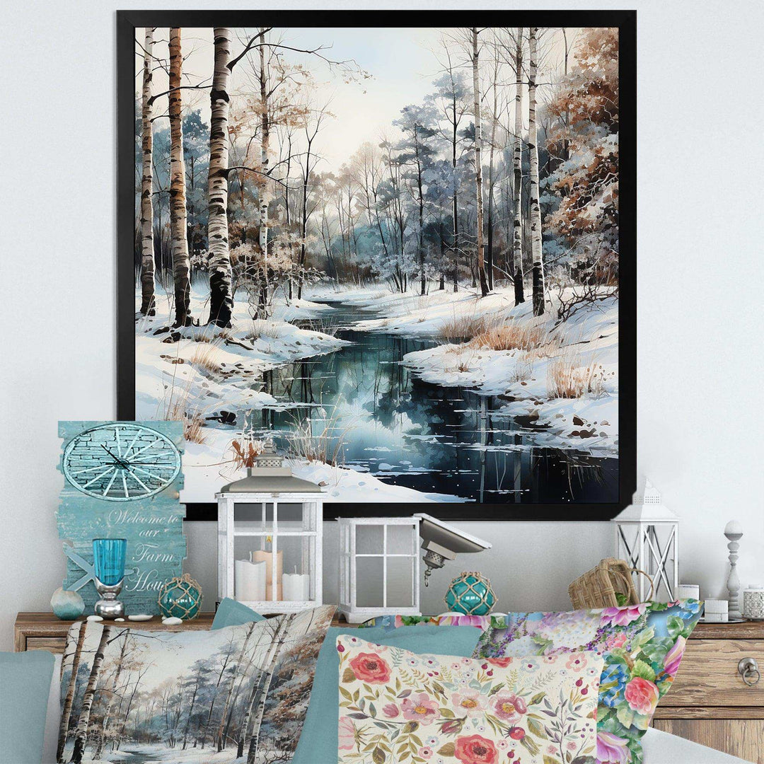 River In Forest Winter Scenery - Landscapes Canvas Wall Art