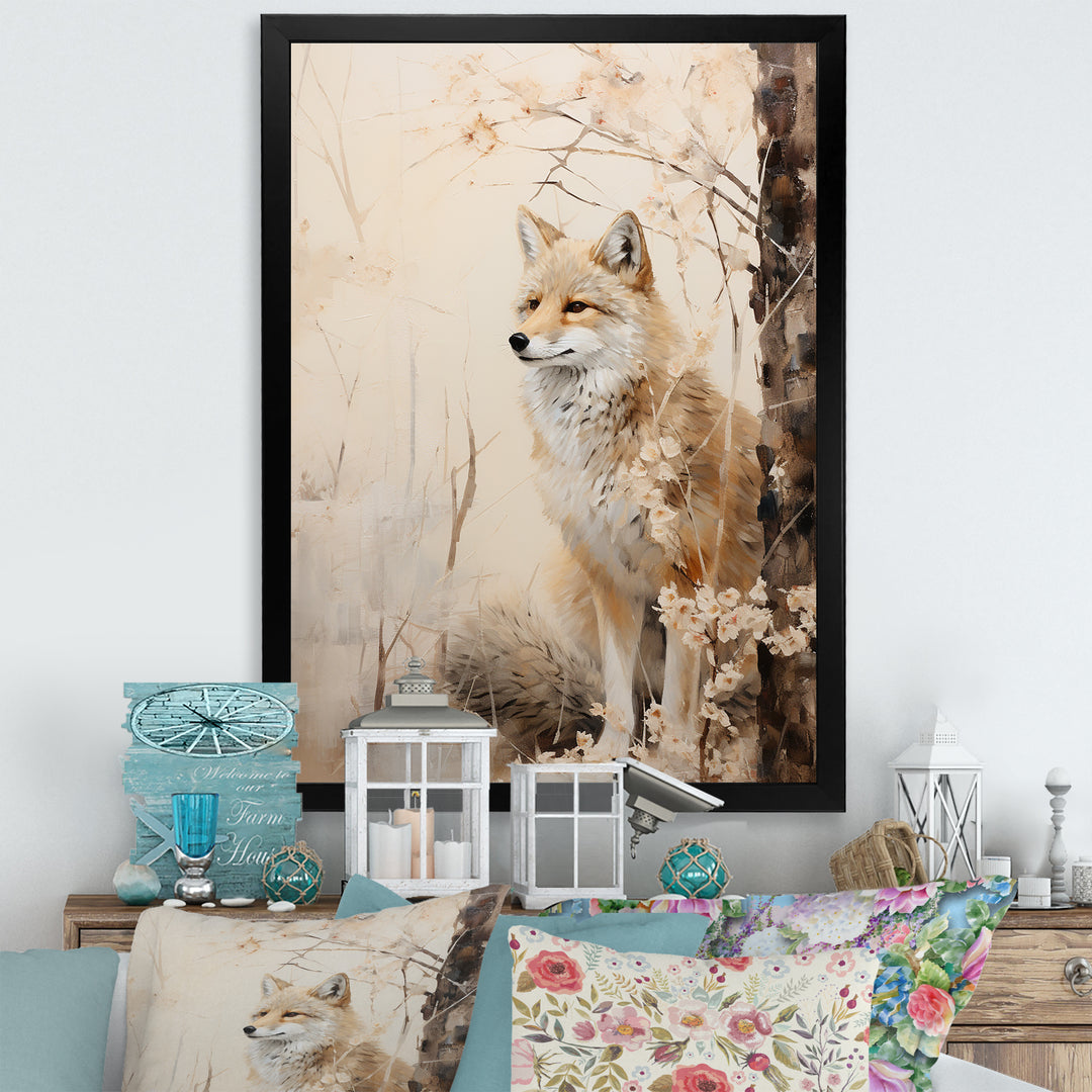 Minimal Wolf In Forest - Beige Wolf Wall Art