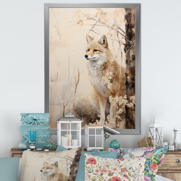 Minimal Wolf In Forest - Beige Wolf Wall Art